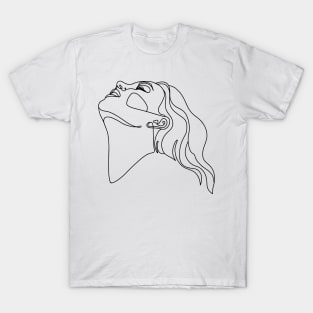 Woman Face Drawing In Line. One Line Art. Minimalistic Style. Single Line T-Shirt